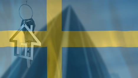 Animation-of-silver-house-key-over-waving-flag-of-sweden-and-office-building