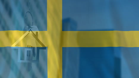 Animation-of-silver-house-key-over-waving-flag-of-sweden-and-office-building