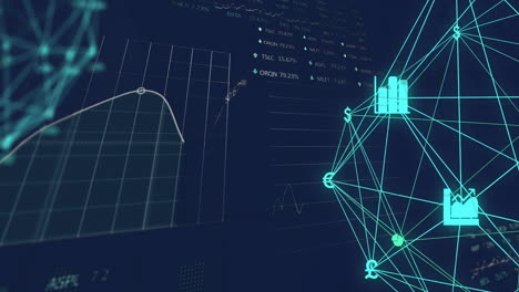 Animation-of-financial-data-processing-and-network-of-connections-with-icons-on-black-background