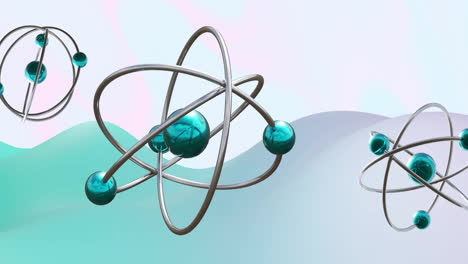 Animation-of-atoms-moving-over-waving-multi-coloured-background