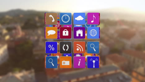 Animieren-Von-Bunten-App-Symbolen-über-Unscharfem-Stadtbild-Hintergrund