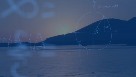 Animating-mathematical-equations-and-geometric-shapes-over-serene-lake-and-mountain-landscape