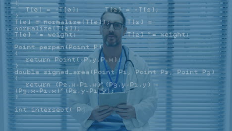 Medical-professional-using-stethoscope-with-programming-code-animation-overlay