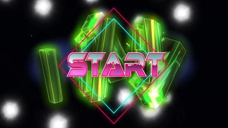 START-text-animation-over-neon-geometric-shapes-on-black-background