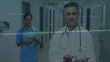 Visualizing-medical-data-animation-over-healthcare-professionals-in-hospital-corridor