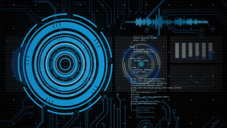 Coding-and-data-processing-animation-on-futuristic-digital-interface-over-circuit-background