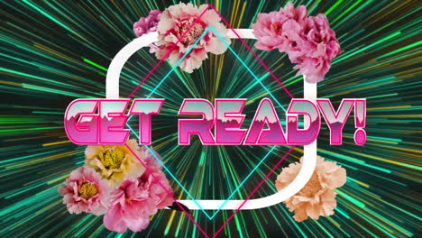 Get-Ready!-text-animation-over-colorful-flowers-and-green-radial-light-beams