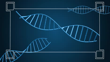 DNA-Stränge-Und-Genetische-Kodierungsanimation-Auf-Blauem-Hintergrund-Mit-Weißen-Linien