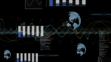 Graphen--Und-Diagrammanimation-über-Globus-Und-Wellenformen-Auf-Schwarzem-Hintergrund