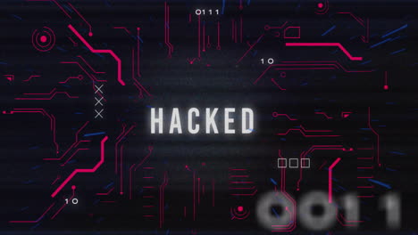 Hacked-text-animation-over-binary-code-and-glitch-effects-on-dark-background