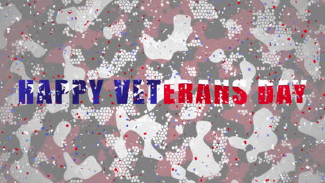 Textanimation-Zum-Veteranentag-über-Camouflage-Mit-Rotem,-Weißem-Und-Blauem-Konfetti