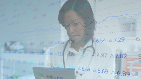 Reviewing-patient-chart,-doctor-with-financial-data-processing-animation-in-medical-background