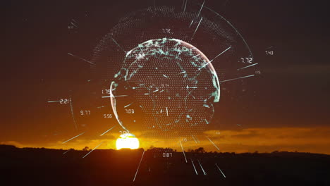 Animated-digital-globe-with-data-points-over-sunset-landscape