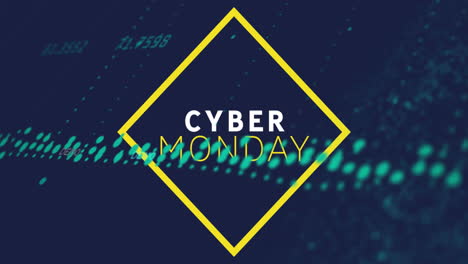 Cyber-Monday-text-animation-over-digital-data-background-with-yellow-diamond-frame