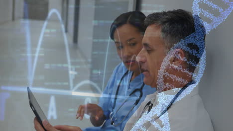 Doctors-discussing-patient-data-on-tablet-over-DNA-strand-animation