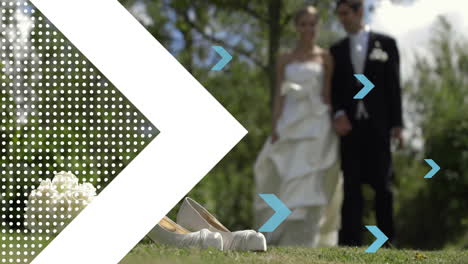 Wedding-couple-walking,-arrow-animation-over-white-shoes-and-bouquet-on-grass