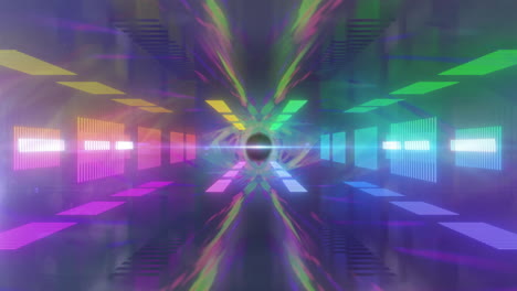 Colorful-light-beams-and-geometric-shapes-animation-over-dark-background