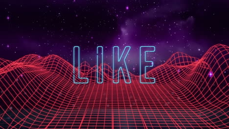 LIKE-text-animation-over-red-grid-landscape-and-starry-sky-background