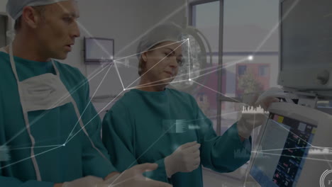 Using-equipment,-medical-professionals-in-hospital-with-data-network-connections-animation