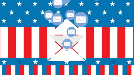 Animation-Der-E-Mail-Symbole-über-Dem-Hintergrund-Der-Amerikanischen-Flagge-Mit-Sternen-Und-Streifen