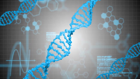 DNA-Stränge-Und-Wissenschaftliche-Datenverarbeitungsanimation-über-Sechseckigen-Mustern