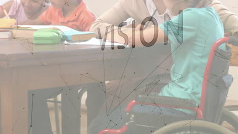 Studying-at-table,-diverse-students-with-vision-text-animation-in-school