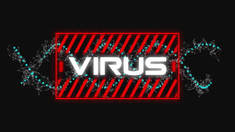 Animating-virus-text-with-red-stripes-and-digital-network-on-black-background