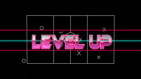 Level-up-text-animation-over-blue-shapes-on-black-background