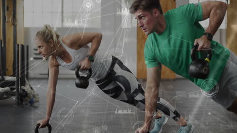 Exercising-with-kettlebells,-people-in-gym-over-fitness-tracking-animation