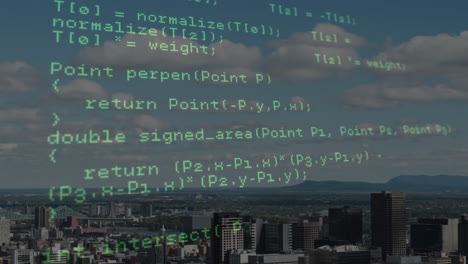 Computer-code-animation-over-cityscape-with-buildings-and-cloudy-sky