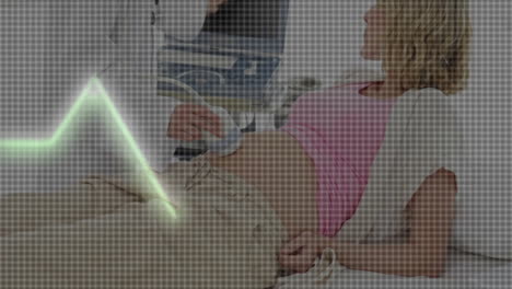 Pregnant-woman-receiving-ultrasound-scan,-medical-data-animation-over-scene