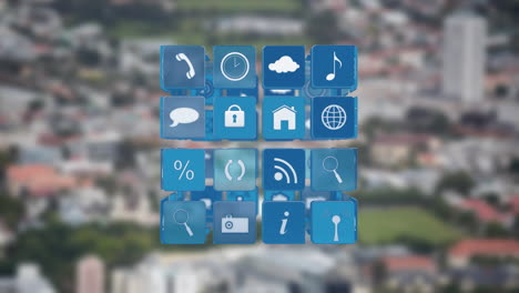 Animieren-Von-App-Symbolen-über-Unscharfem-Stadtbild-Hintergrund