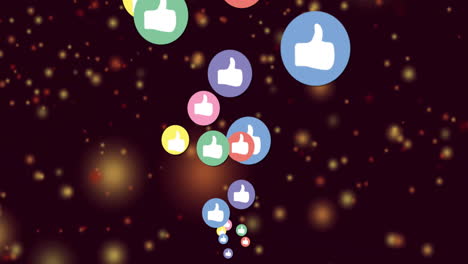 Thumbs-up-icons-in-various-colors-floating-over-glowing-particles-animation