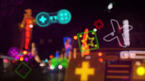 Colorful-gaming-icons-animation-over-blurred-city-lights-at-night