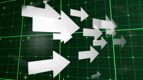 White-arrows-pointing-in-various-directions-over-green-grid-animation