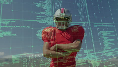 Football-player-standing-with-arms-crossed-over-data-processing-animation