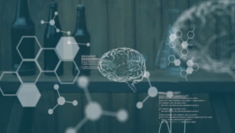 Scientific-data-and-brain-activity-animation-over-bottles-on-wooden-shelf