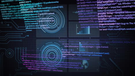 Programmiercode-Und-Datenvisualisierungsanimation-über-Digitalem-Schnittstellenhintergrund