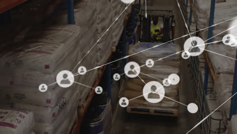 Operating-forklift-in-warehouse,-network-of-connections-animation-in-background