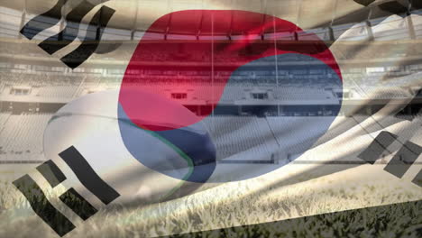 Südkoreanische-Flaggenanimation-über-Leerem-Stadion-Mit-Grünem-Gras