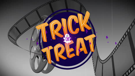 Trick-or-Treat-text-animation-over-film-reel-and-filmstrip-background