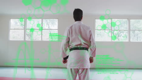 Martial-artist-in-white-uniform-with-green-belt,-processing-scientific-data-animation