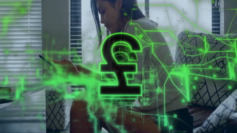 Pound-currency-symbol-and-digital-network-animation-over-woman-using-smartphone