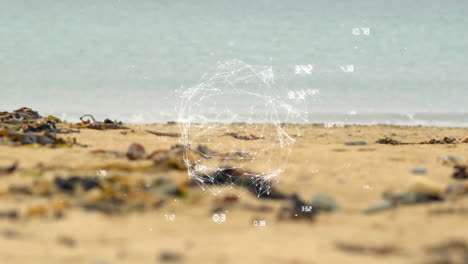 Geometric-network-and-data-points-animation-over-beach-and-ocean-background