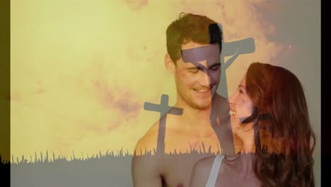 Crosses-and-sunset-animation-over-smiling-couple-looking-at-each-other