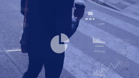 Walking-on-street-holding-coffee,-business-data-analytics-animation-over-scene