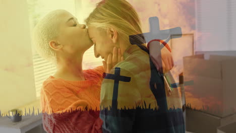 Comforting-friend,-woman-kissing-forehead-with-cross-animation-at-sunset