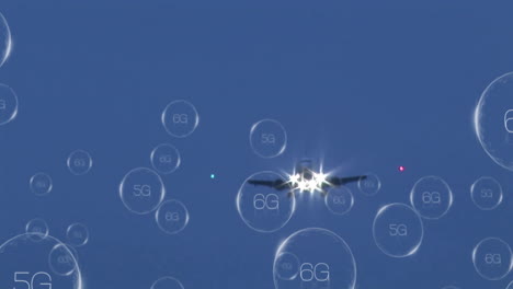 Flugzeug-Fliegt-Mit-5G--Und-6G-Netzwerkblasenanimation-über-Blauem-Himmel