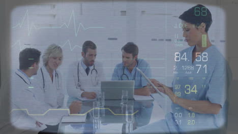 Medical-data-and-heart-rate-animation-over-doctors-discussing-in-meeting-room