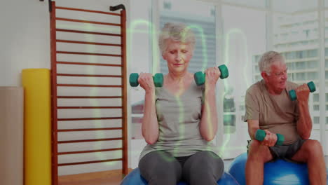 Exercising-with-dumbbells,-elderly-people-tracking-fitness-progress-with-animation